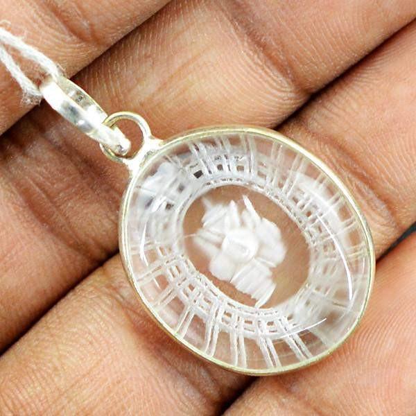 gemsmore:Natural Oval Shape White Quartz Ganesha Internal Carved Healing Pendant