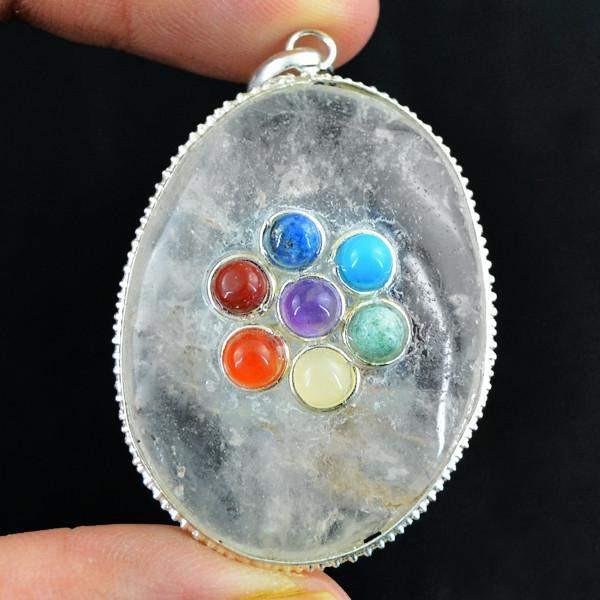 gemsmore:Natural Oval Shape White Quartz Seven Chakra Healing Pendant