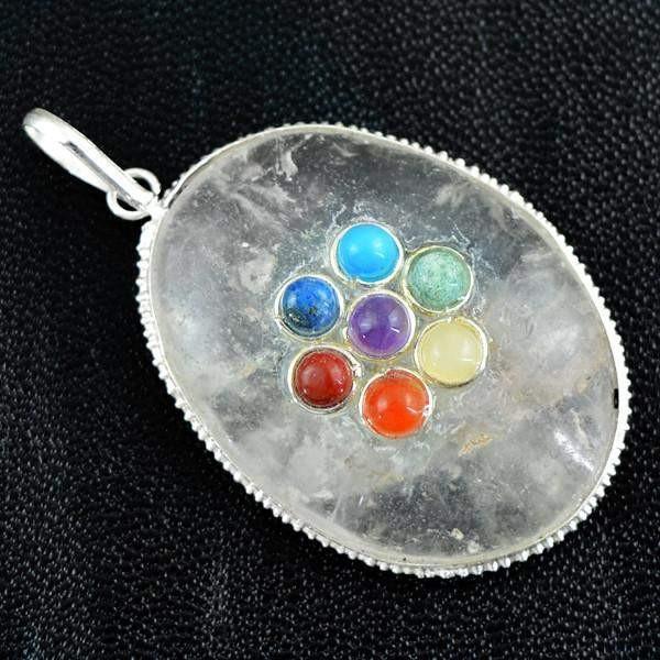 gemsmore:Natural Oval Shape White Quartz Seven Chakra Healing Pendant