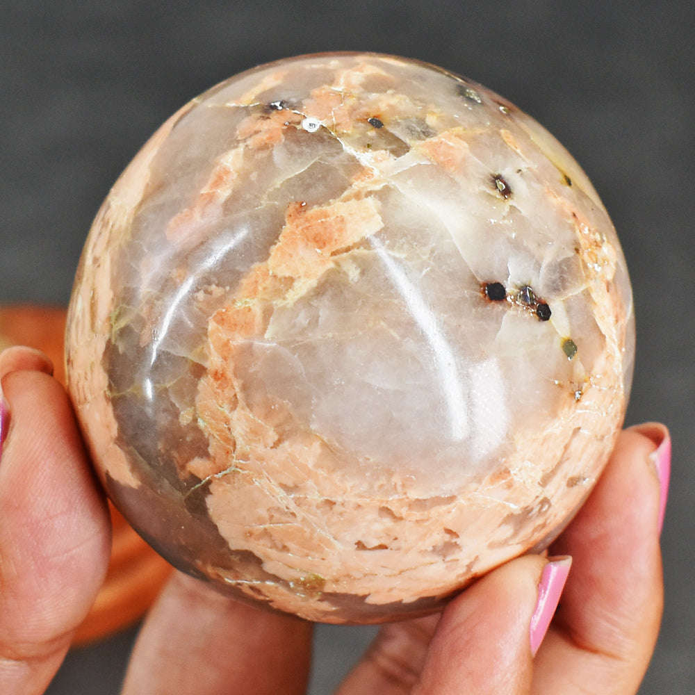 gemsmore:Natural Peach Moonstone Hand Carved Healing Sphere Gemstone