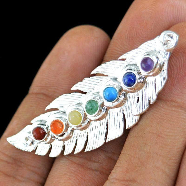 gemsmore:Natural Peacock Feather Seven Chakra Healing Pendant