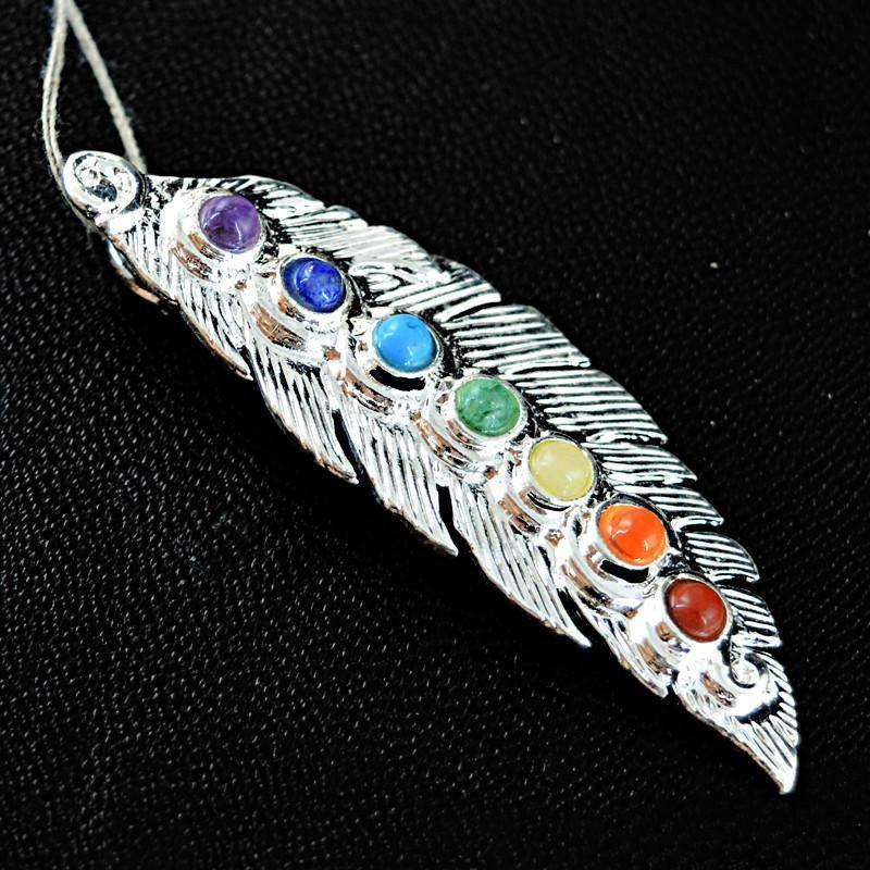 gemsmore:Natural Peacock Feather Seven Chakra Healing Pendant