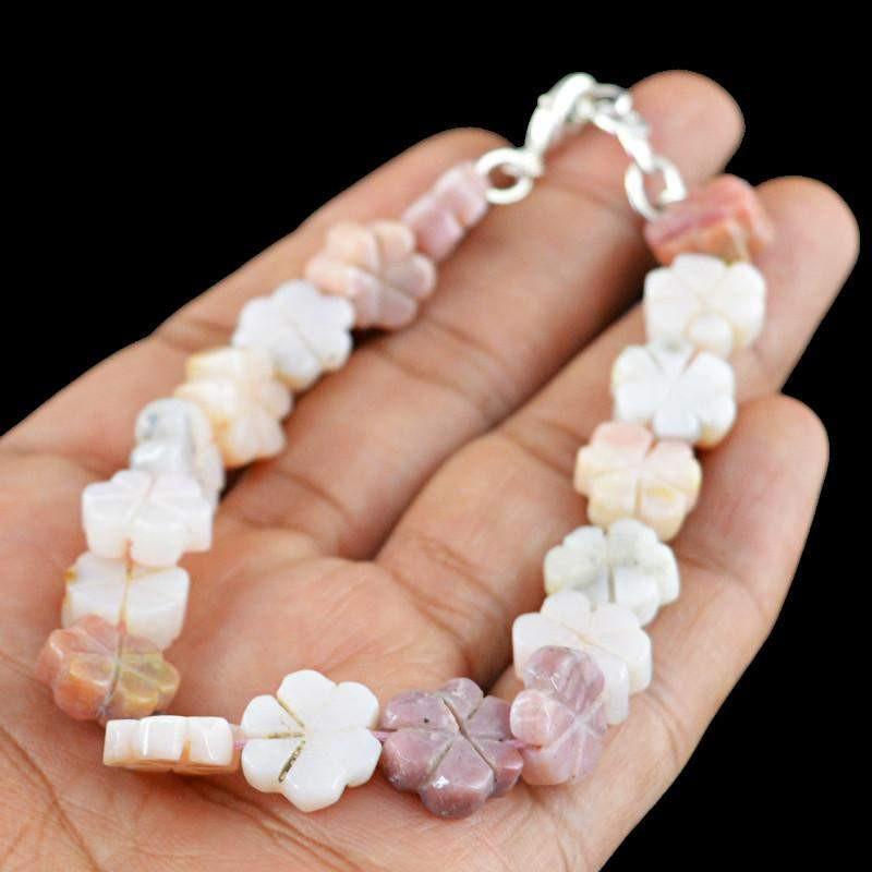 gemsmore:Natural Pink Australian Opal Bracelet Flower Carved Beads