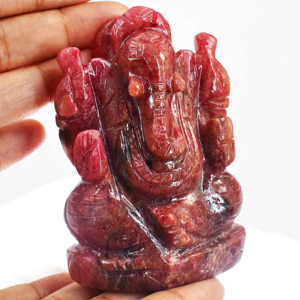 gemsmore:Natural Pink  Rhodonite Hand Carved Genuine Crystal Gemstone Carving Lord Ganesha