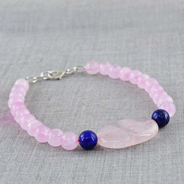 gemsmore:Natural Pink Rose Quartz & Blue Lapis Lazuli Bracelet - Round Shape Beads