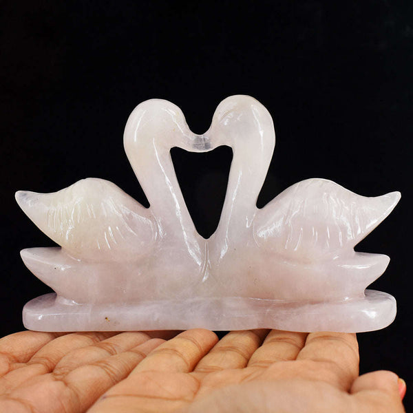 gemsmore:Natural Pink Rose Quartz Hand Carved Genuine Crystal Swan Pair Carving