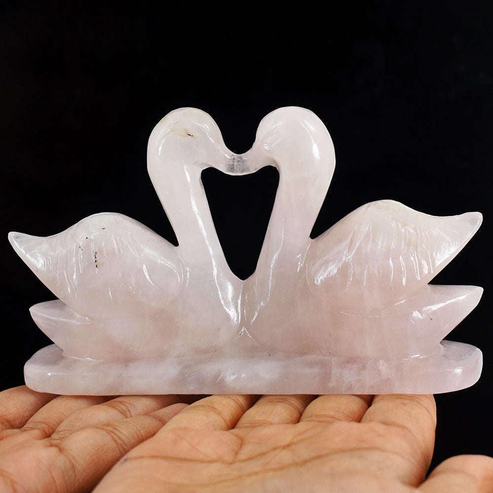 gemsmore:Natural Pink Rose Quartz Hand Carved Genuine Crystal Swan Pair Carving