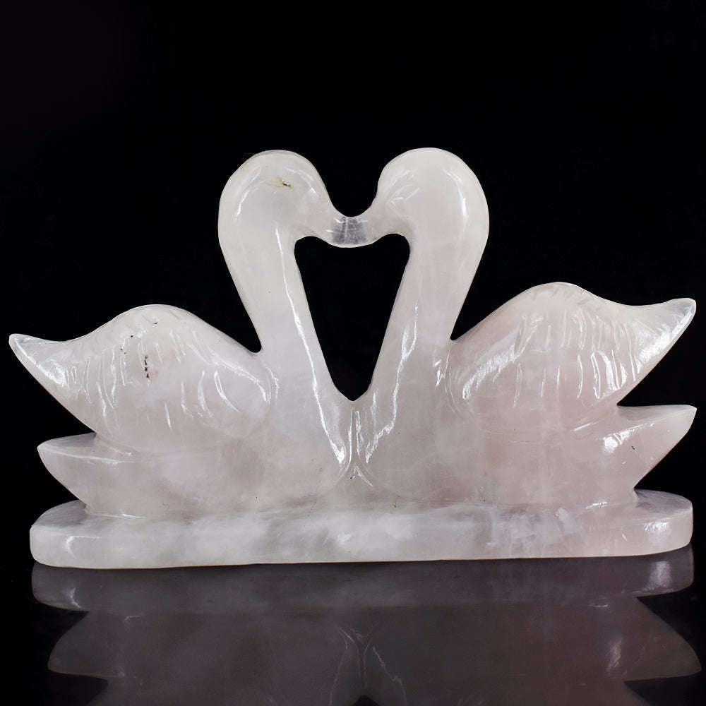 gemsmore:Natural Pink Rose Quartz Hand Carved Genuine Crystal Swan Pair Carving