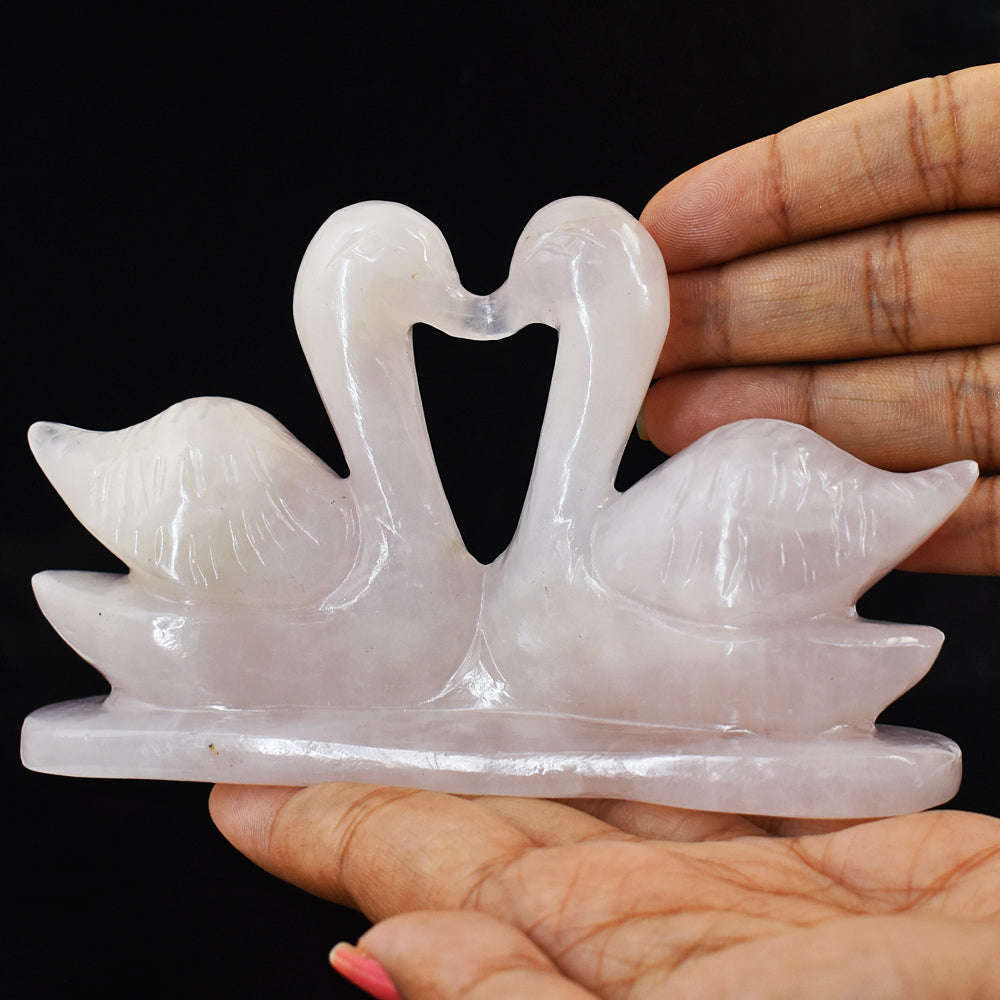 gemsmore:Natural Pink Rose Quartz Hand Carved Genuine Crystal Swan Pair Carving