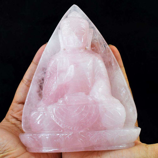 gemsmore:Natural Pink Rose Quartz Hand Carved Lord Buddha Idol