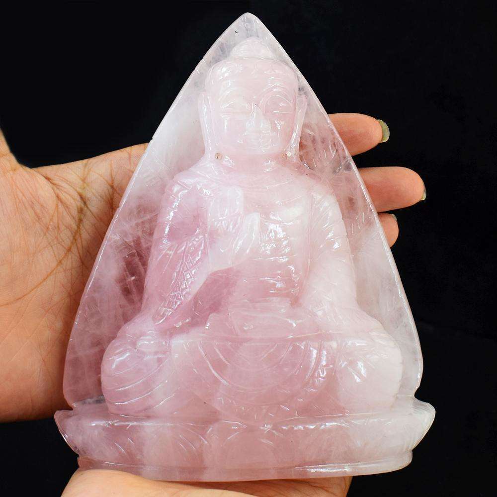 gemsmore:Natural Pink Rose Quartz Hand Carved Lord Buddha Idol