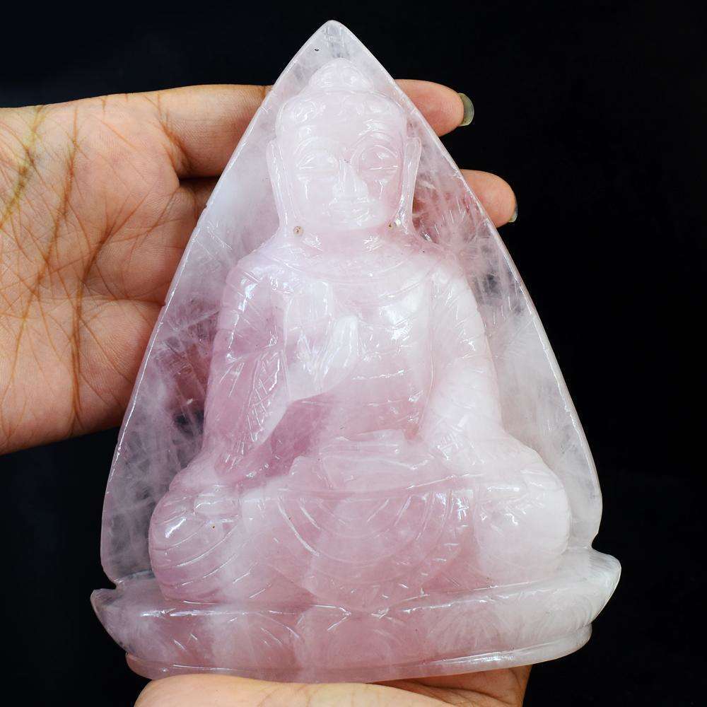 gemsmore:Natural Pink Rose Quartz Hand Carved Lord Buddha Idol