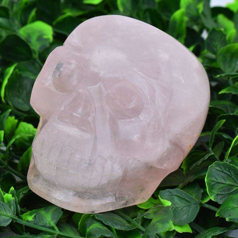 gemsmore:Natural Pink Rose Quartz Hand Carved Skull Gemstone