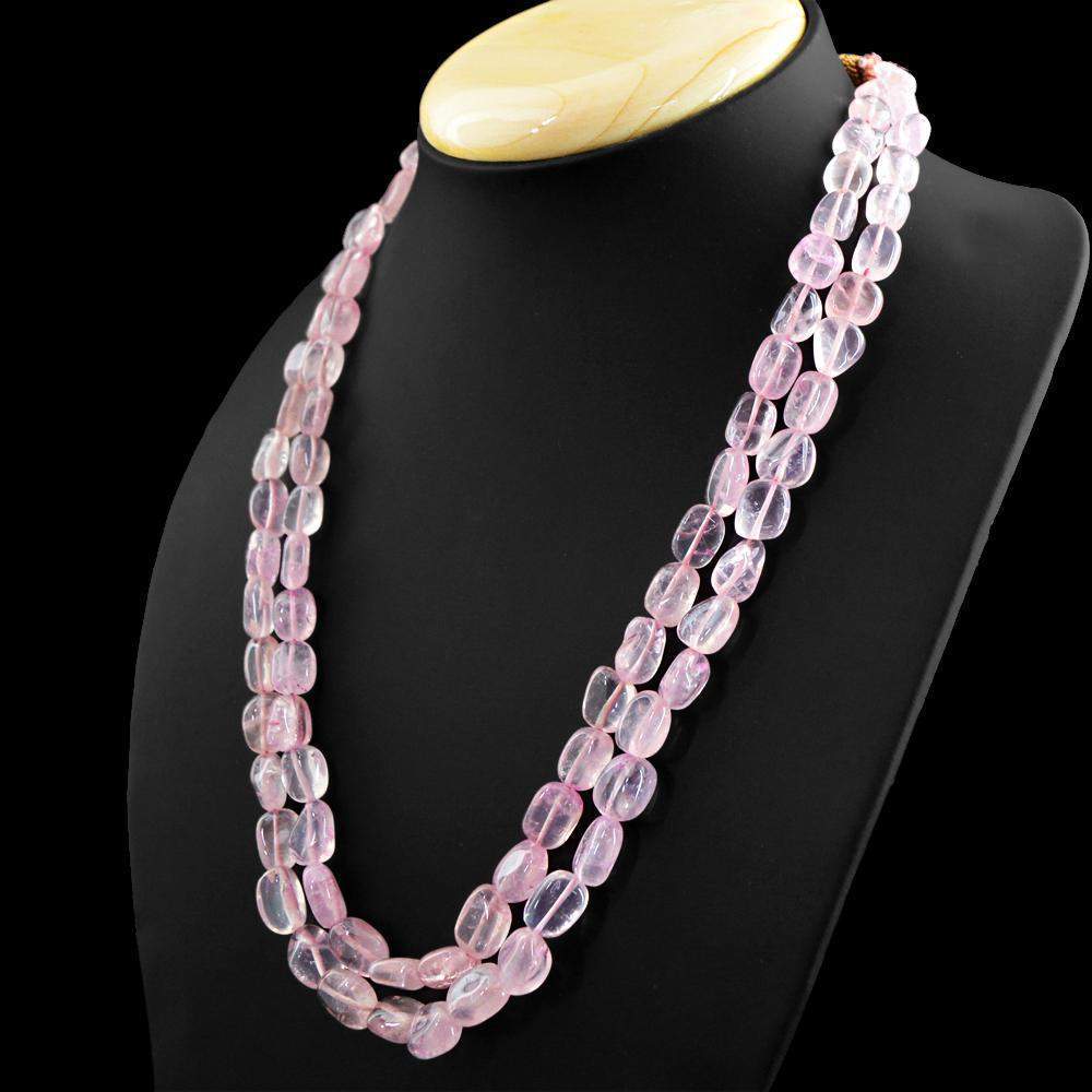 gemsmore:Natural Pink Rose Quartz Necklace 2 Line Oval Shape Beads