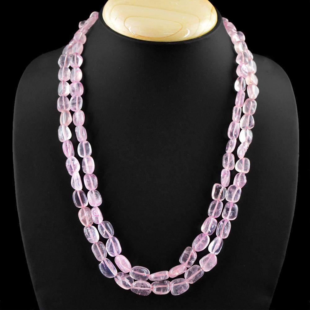 gemsmore:Natural Pink Rose Quartz Necklace 2 Line Oval Shape Beads
