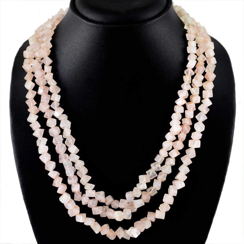 gemsmore:Natural Pink Rose Quartz Necklace 3 Line Untreated Beads