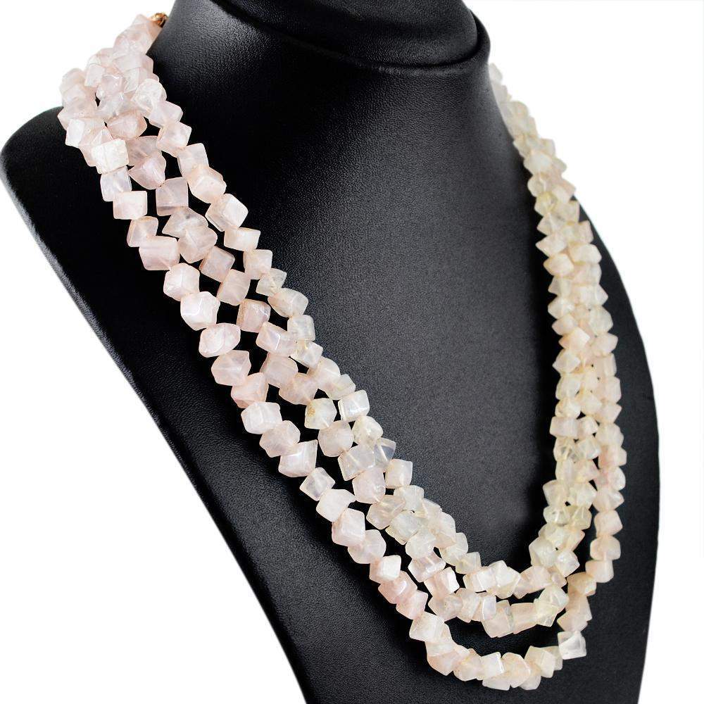 gemsmore:Natural Pink Rose Quartz Necklace 3 Line Untreated Beads