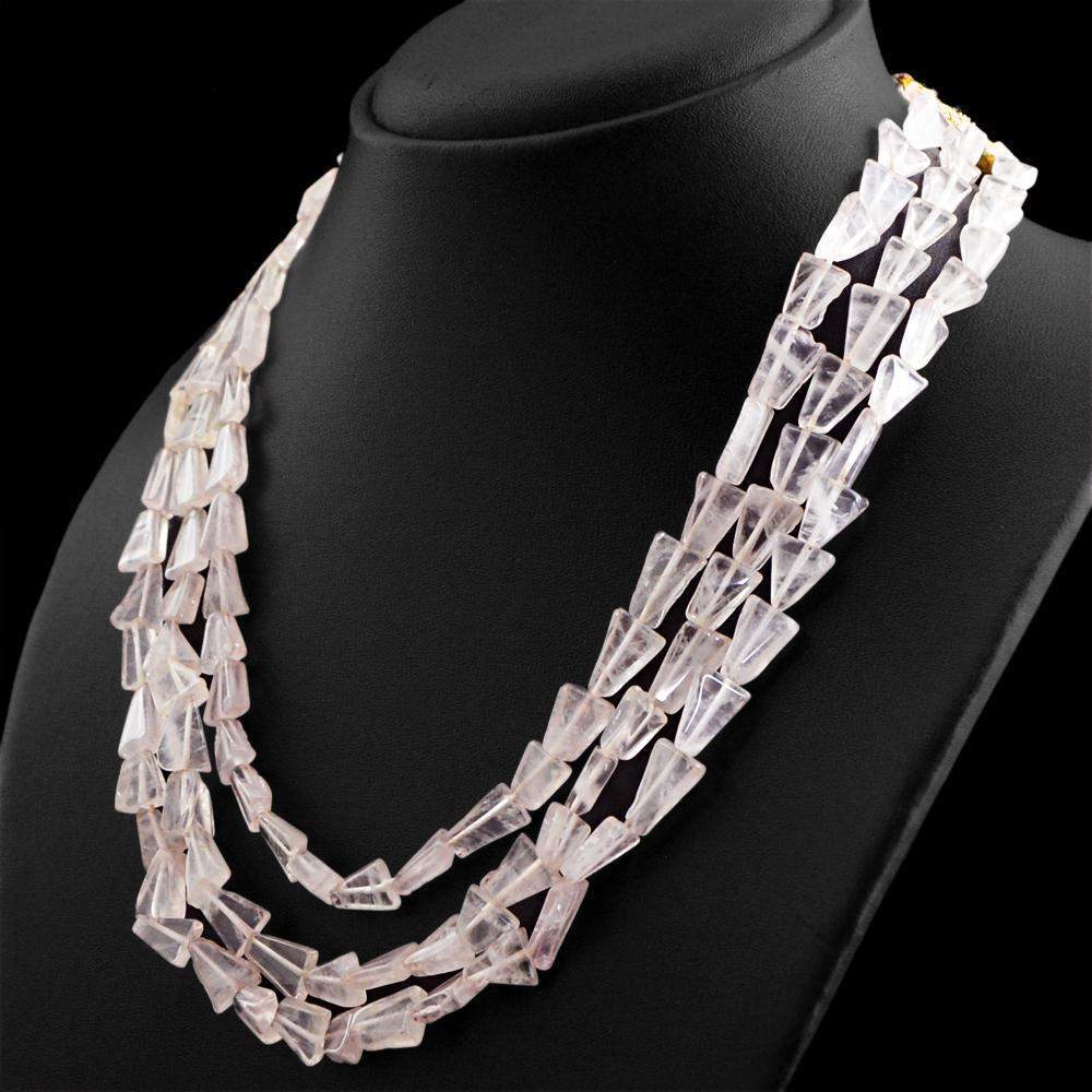 gemsmore:Natural Pink Rose Quartz Necklace 3 Line Untreated Beads