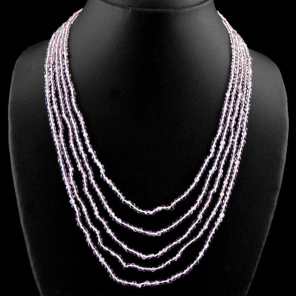 gemsmore:Natural Pink Rose Quartz Necklace 5 Line Round Shape Beads