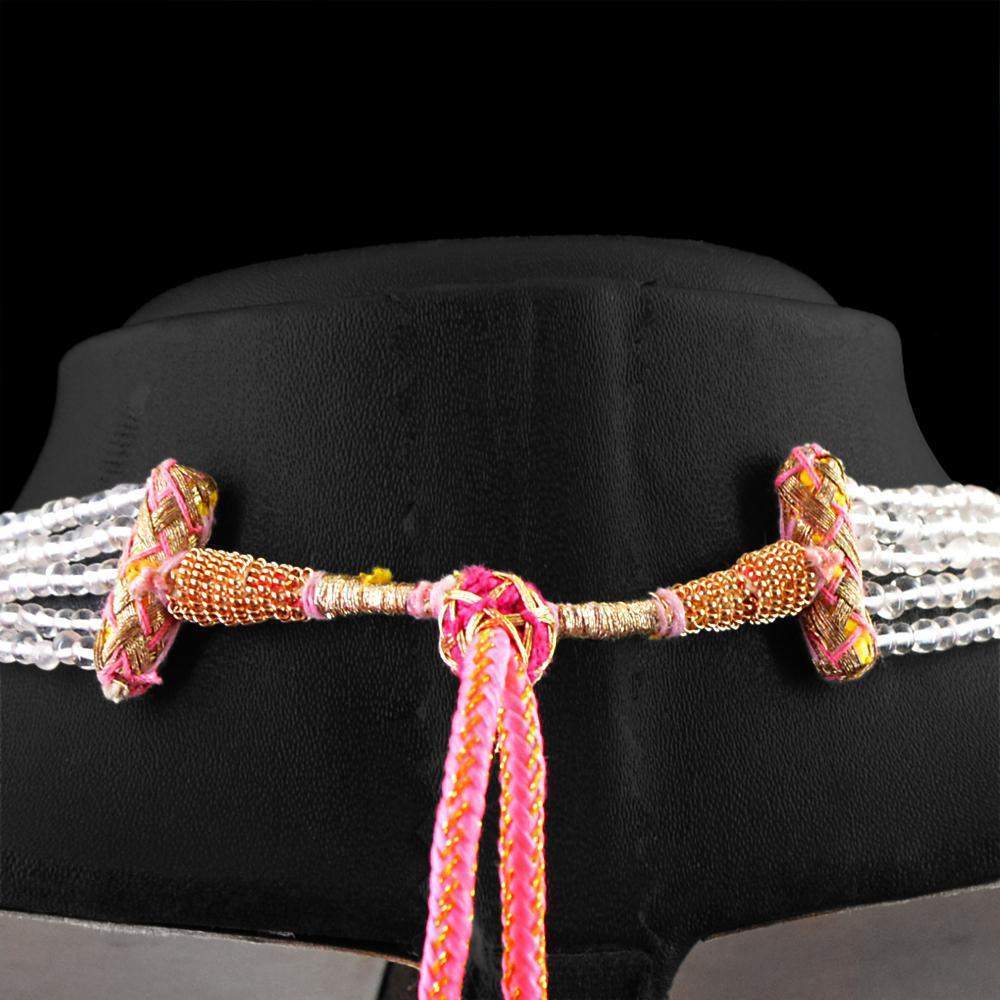 gemsmore:Natural Pink Rose Quartz Necklace 5 Line Round Shape Beads