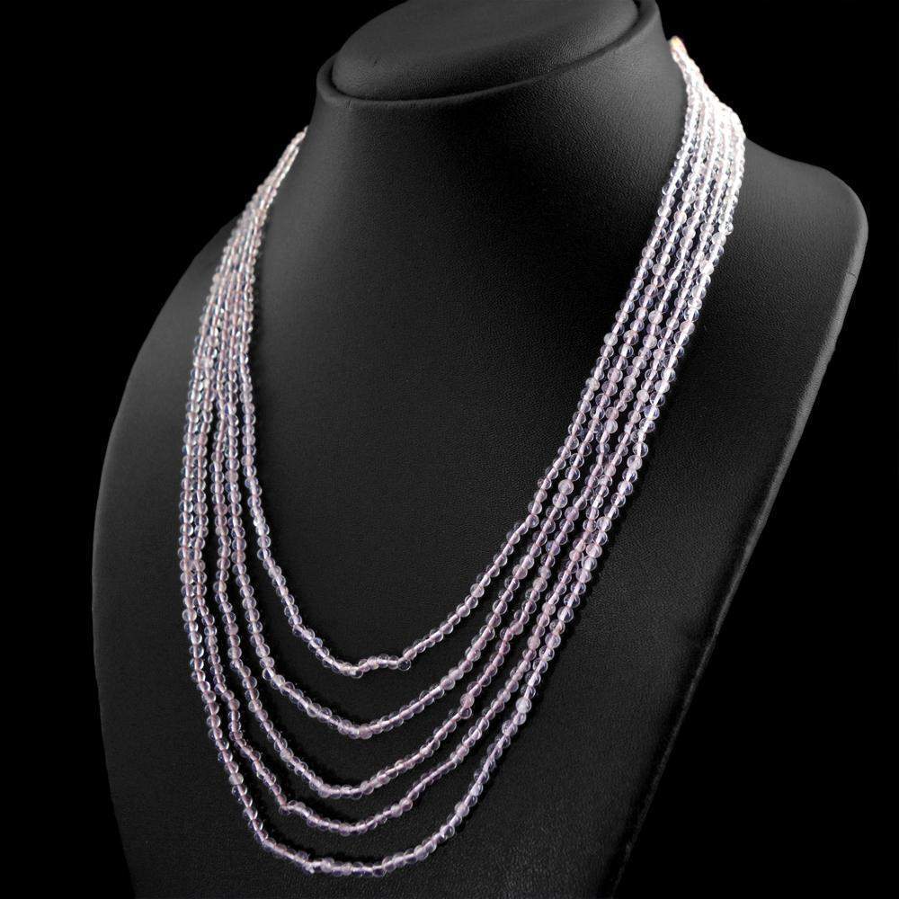 gemsmore:Natural Pink Rose Quartz Necklace 5 Line Round Shape Beads