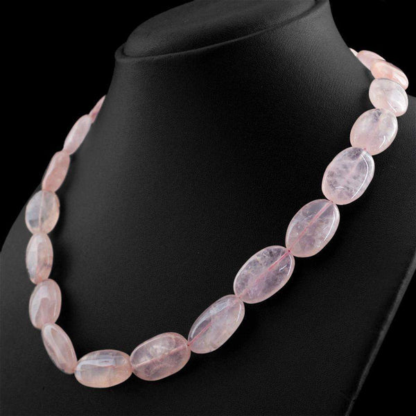 gemsmore:Natural Pink Rose Quartz Necklace Oval Shape Beads