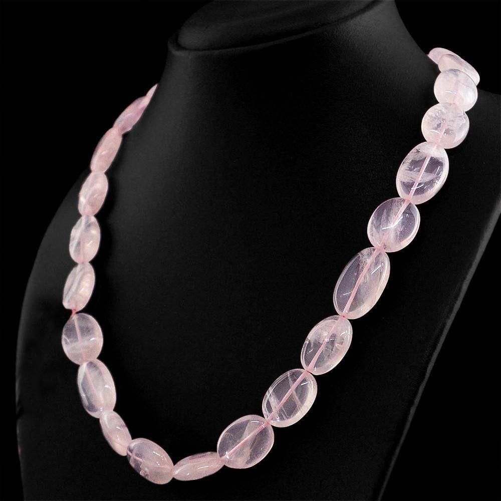 gemsmore:Natural Pink Rose Quartz Necklace Oval Shape Untreated Beads