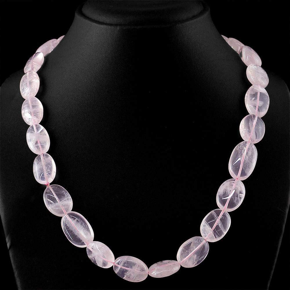 gemsmore:Natural Pink Rose Quartz Necklace Oval Shape Untreated Beads