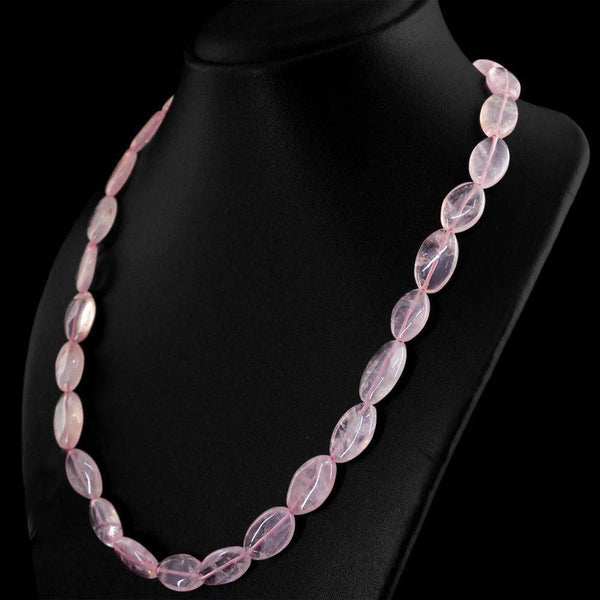 gemsmore:Natural Pink Rose Quartz Necklace Oval Shape Untreated Beads