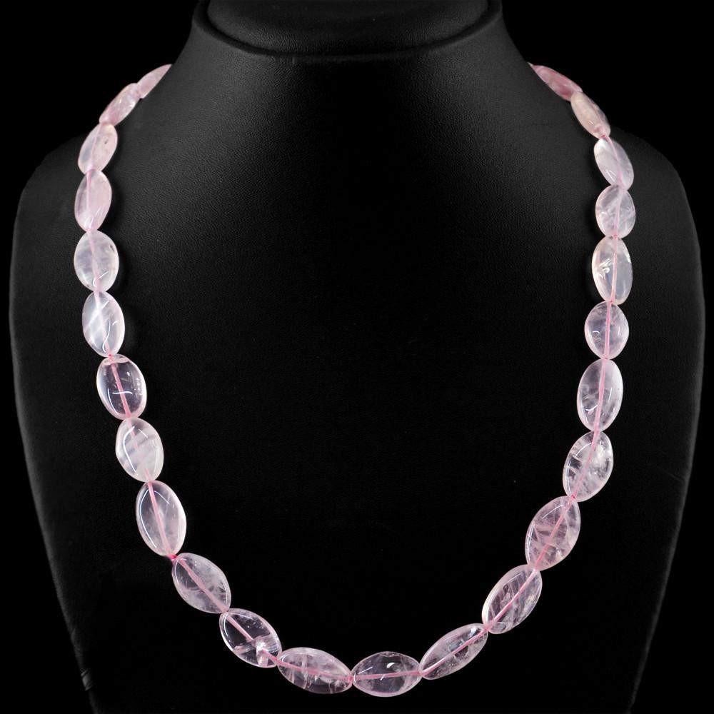 gemsmore:Natural Pink Rose Quartz Necklace Oval Shape Untreated Beads