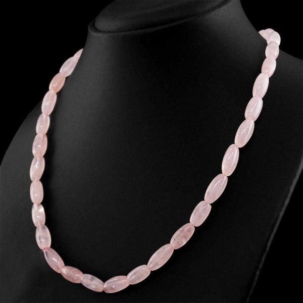 gemsmore:Natural Pink Rose Quartz Necklace Oval Shape Untreated Beads