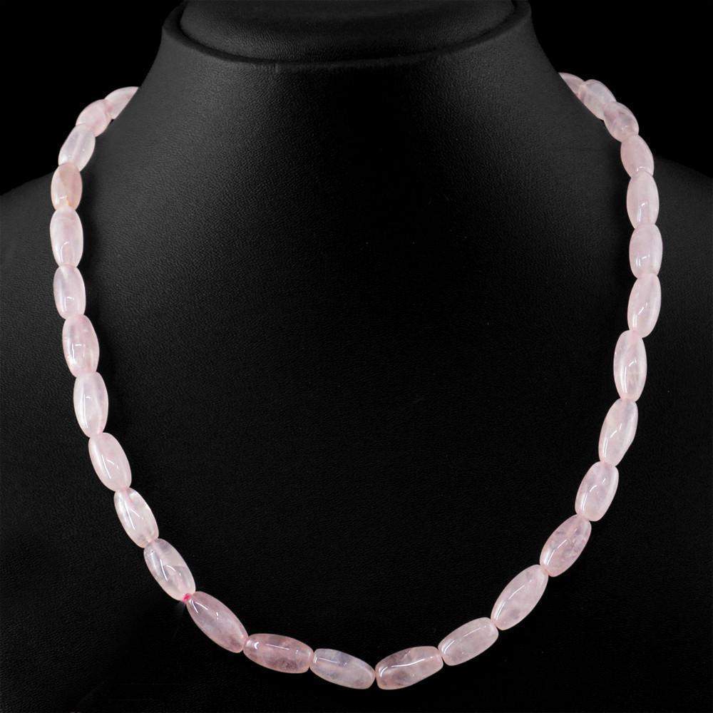 gemsmore:Natural Pink Rose Quartz Necklace Oval Shape Untreated Beads