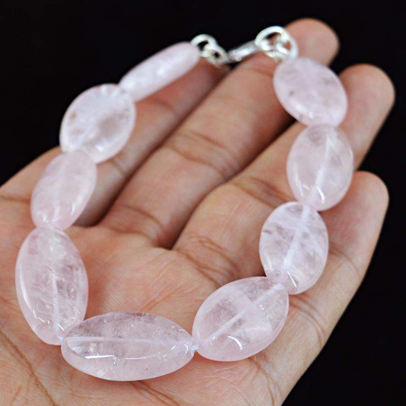 gemsmore:Natural Pink Rose Quartz Necklace Oval Shape Untreated Beads