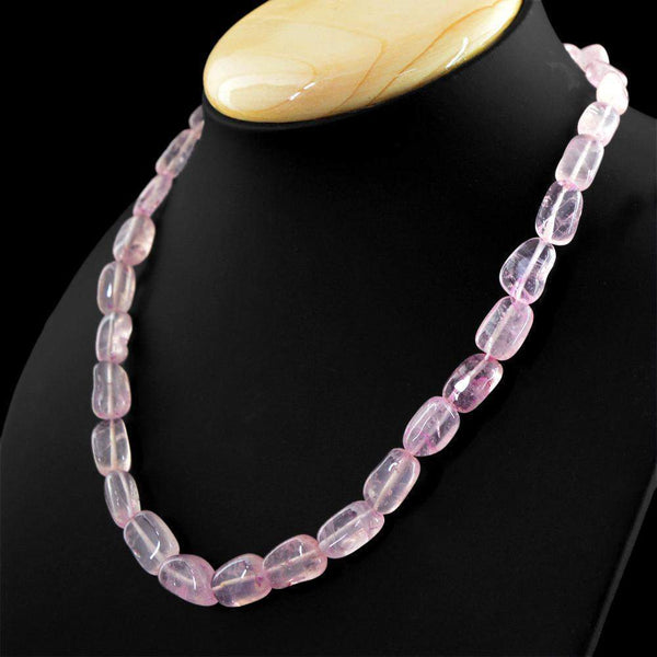 gemsmore:Natural Pink Rose Quartz Necklace Oval Shape Untreated Beads