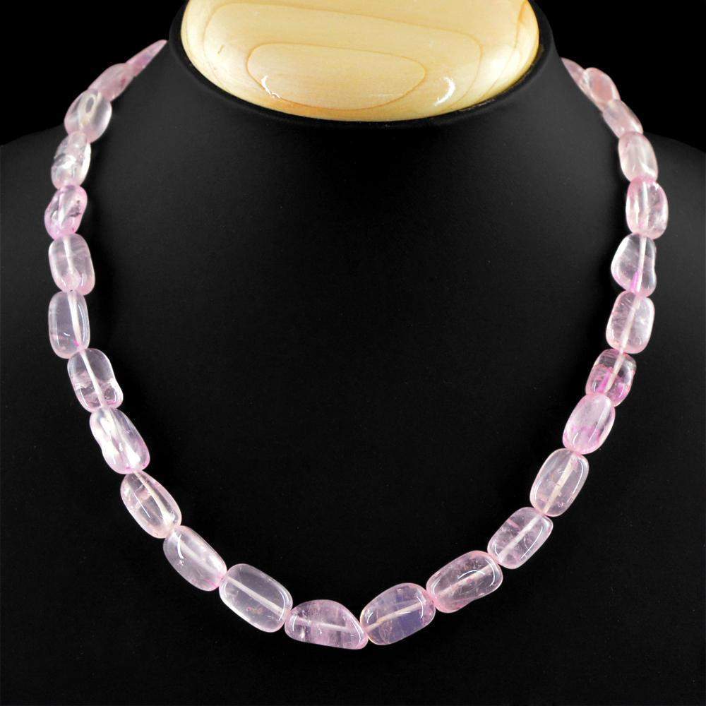 gemsmore:Natural Pink Rose Quartz Necklace Oval Shape Untreated Beads