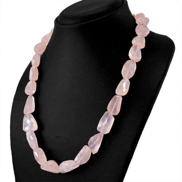 gemsmore:Natural Pink Rose Quartz Necklace Single Strand Faceted Beads