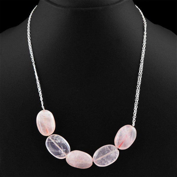 gemsmore:Natural Pink Rose Quartz Necklace Single Strand Oval Shape Beads - Amazing