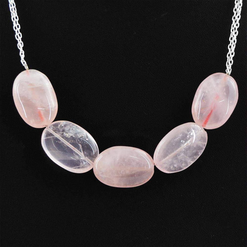 gemsmore:Natural Pink Rose Quartz Necklace Single Strand Oval Shape Beads - Amazing