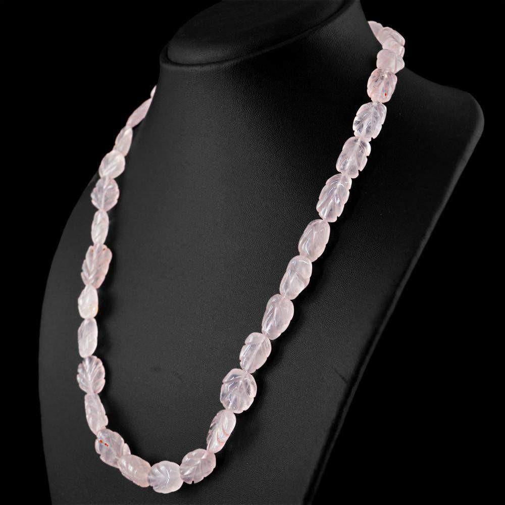 gemsmore:Natural Pink Rose Quartz Necklace Untreated Carved Beads