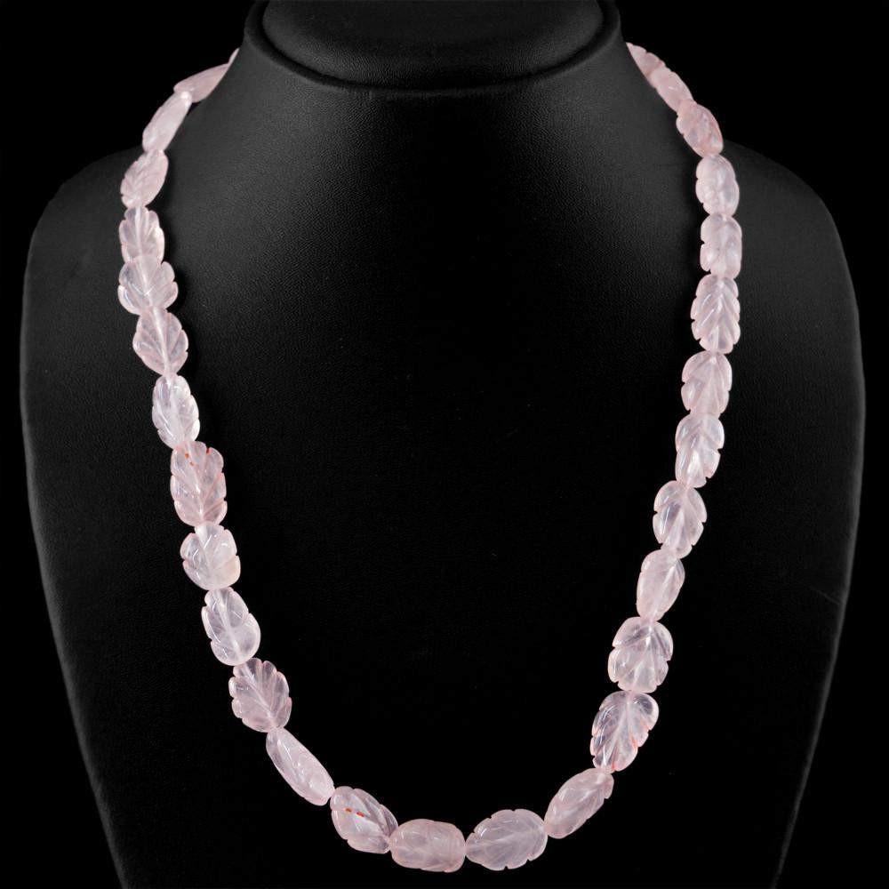 gemsmore:Natural Pink Rose Quartz Necklace Untreated Carved Beads