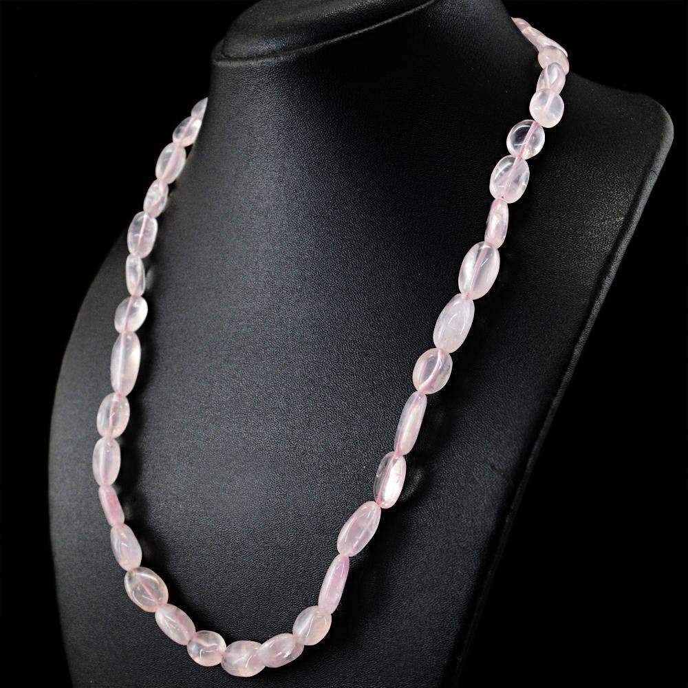 gemsmore:Natural Pink Rose Quartz Necklace Untreated Oval Shape Beads