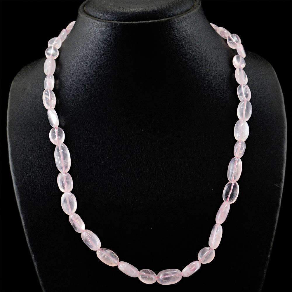 gemsmore:Natural Pink Rose Quartz Necklace Untreated Oval Shape Beads