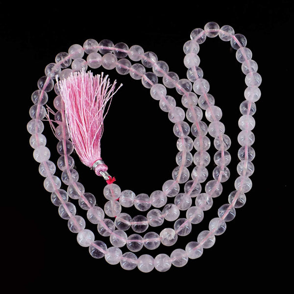 gemsmore:Natural Pink Rose Quartz Prayer Mala 108 Round Beads Necklace