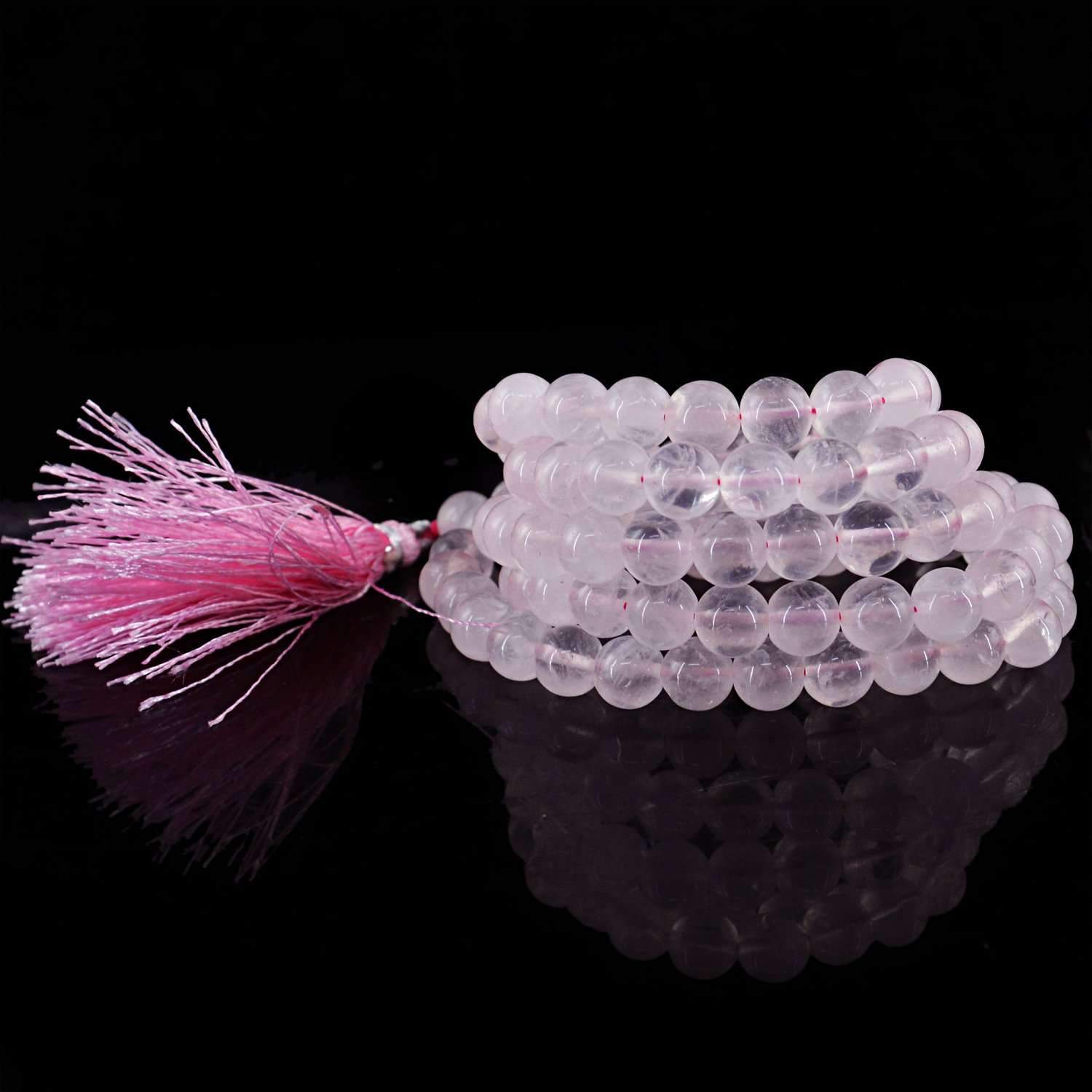 gemsmore:Natural Pink Rose Quartz Prayer Mala 108 Round Beads Necklace