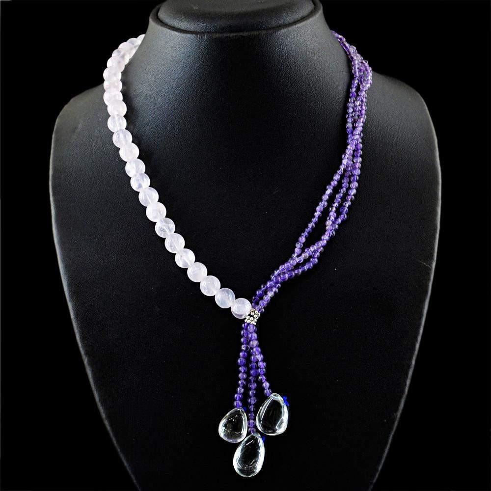 gemsmore:Natural Pink Rose Quartz & Purple Amethyst Necklace Round Shape Untreated Beads