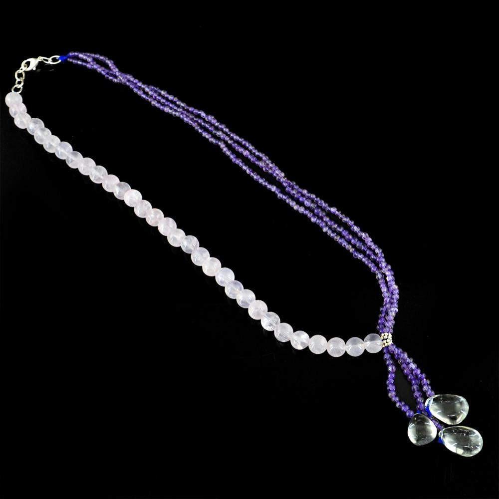 gemsmore:Natural Pink Rose Quartz & Purple Amethyst Necklace Round Shape Untreated Beads