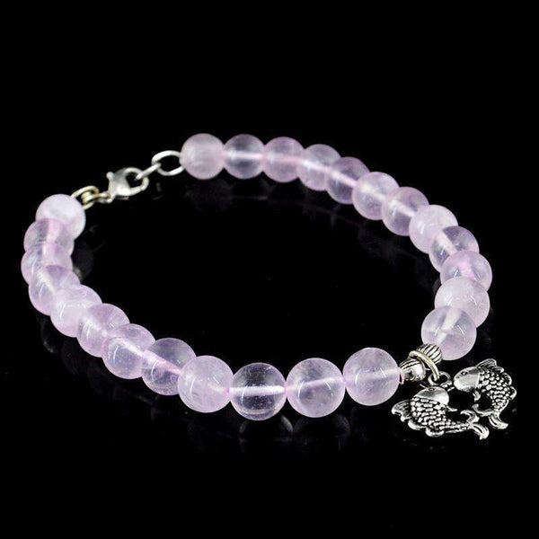 gemsmore:Natural Pink Rose Quartz Round Charm Beads Bracelet - Free Shipping