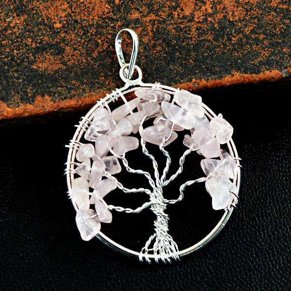 gemsmore:Natural Pink Rose Quartz Round Shape Healing Tree Pendant