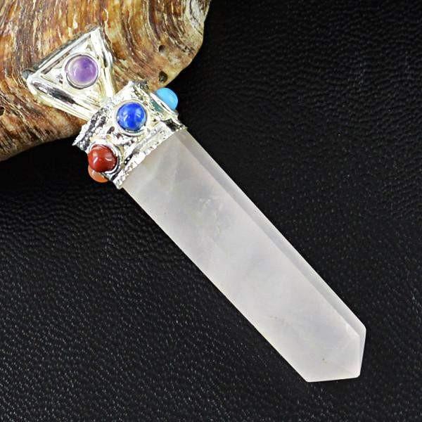 gemsmore:Natural Pink Rose Quartz Seven Chakra Crystal Healing Point Pendant