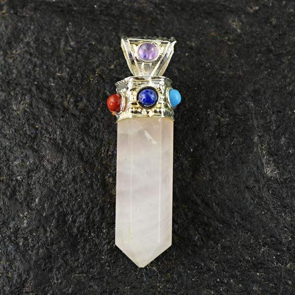 gemsmore:Natural Pink Rose Quartz Seven Chakra Healing Ball Point Pendant